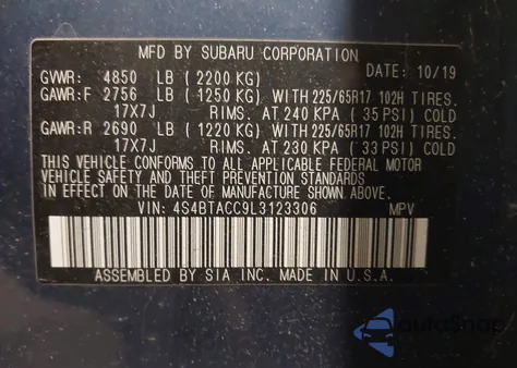 2020 Subaru Outback Premium из США, поврежденный, VIN 4S4BTACC9L3123306